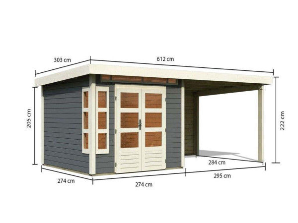 Tuinhuis SET Kastorf 6 28 mm terra grijs incl. 3,2 m verlenging dak + achterwand