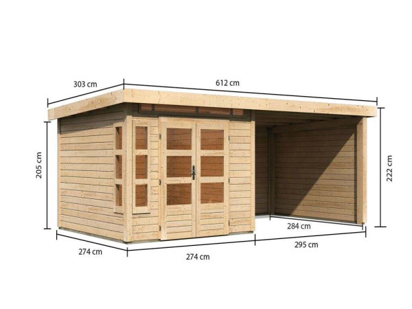 Tuinberging SET Kastorf 6 28 mm naturel incl. 3,2 m aanbouwdak + achterwand + zijwand