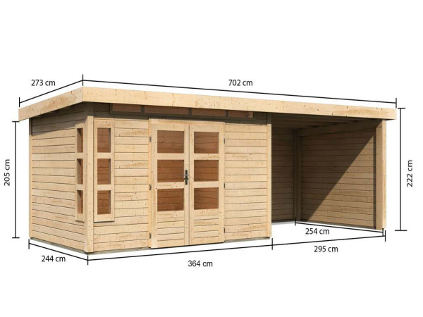 Tuinhuis SET Kastorf 7 28 mm naturel incl. 3,2 m opbouw dak + achterwand + zijwand