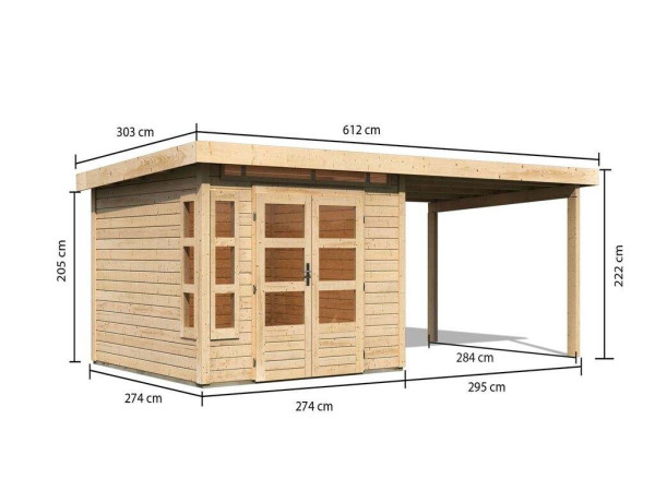 Tuinhuisje SET Kastorf 6 28 mm natuurlijke afwerking incl. 3,2 m lessenaarsdak