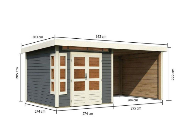 Berging SET Kastorf 6 28 mm terra grijs incl. 3,2 m opbouw dak + achterwand + zijwand