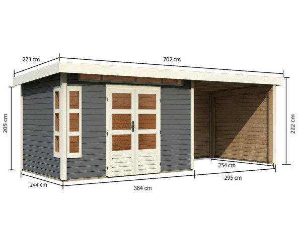 berging SET Kastorf 7 28 mm terra grijs incl. 3,2 m opbouw dak + achterwand + zijwand