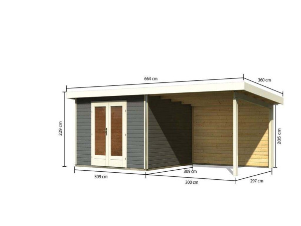 Tuinhuisje SET Radeburg 1 40 mm terra grijs incl. 3,3 m opbouwdak + achterwand