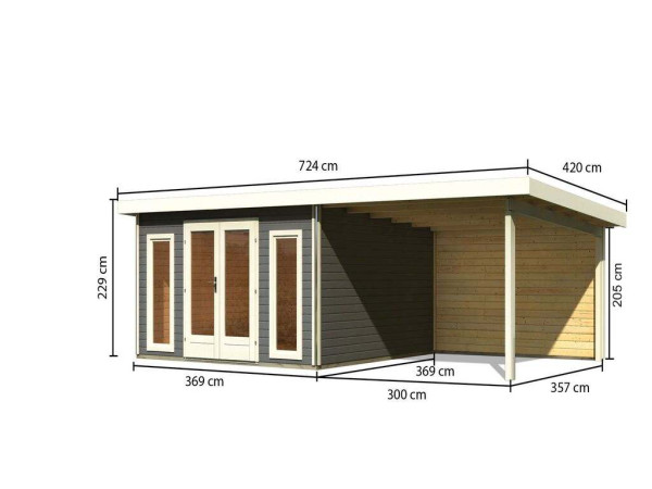 Tuinhuisje SET Radeburg 3 40 mm terra grijs incl. 3,3 m aangebouwd dak + achterwand