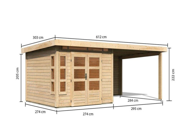 Tuinhuisje SET Kastorf 6 28 mm natuurlijke afwerking incl. 3,2 m opbouwdak + achterwand